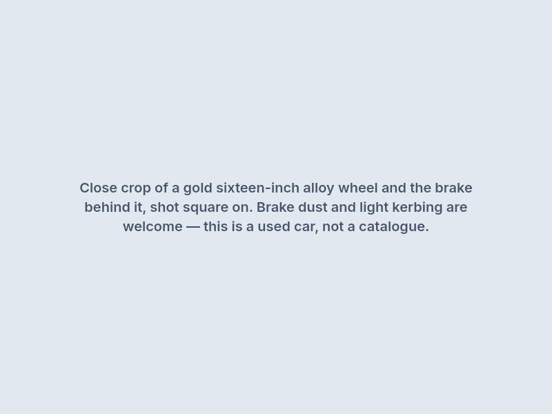 Close crop of a gold sixteen-inch alloy wheel and brake caliper